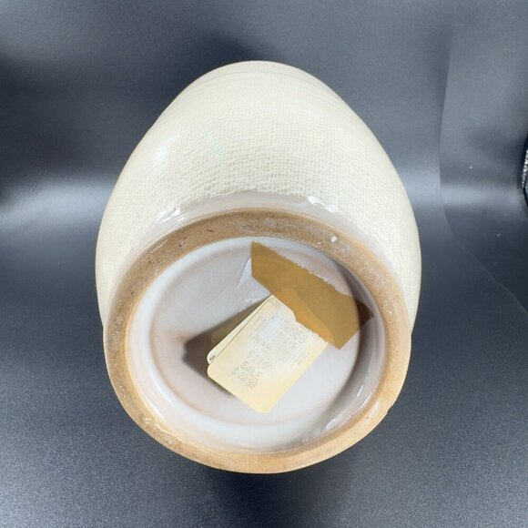1980s Pottery Linen Straight Sided Vase in Beige on Cream Ceramic Vessel W Tag - Picture 6 of 10